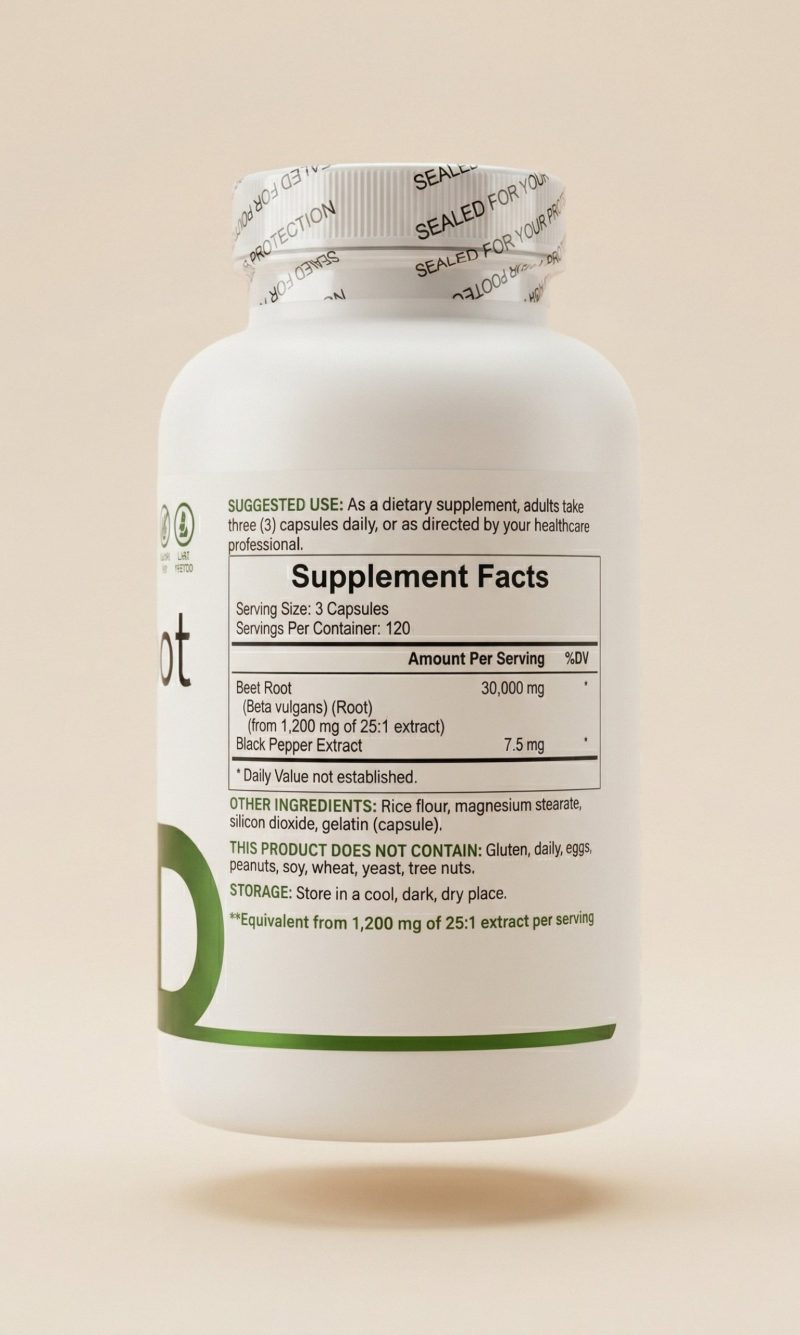 Supplement bottle with label on a beige background