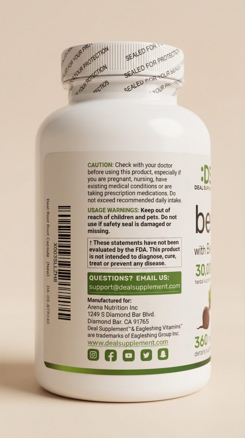 Supplement bottle with label on a beige background