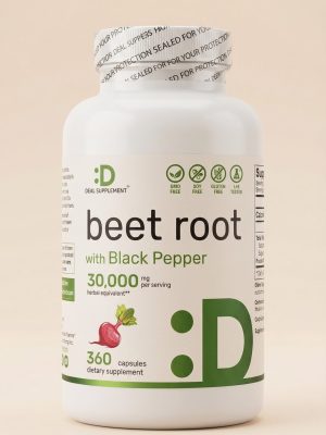 Supplement bottle labeled 'beet root with black pepper' on a beige background