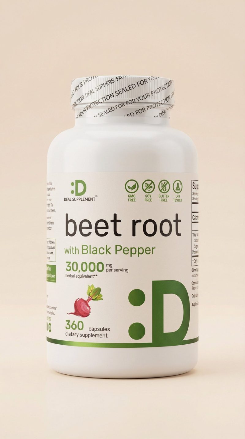 Supplement bottle labeled 'beet root with black pepper' on a beige background