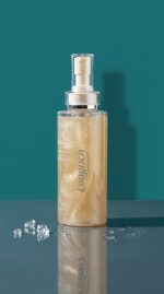 Skincare bottle with 'Longrich' branding on a teal background