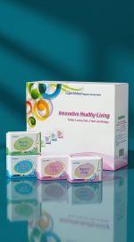 Superhealth products including a large box and smaller packages on a reflective surface with a blue gradient background.
